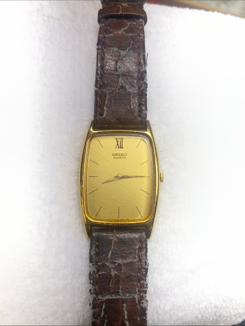 Seiko Gold-Tone Rectangular Dress Watch with Brown Leather Strap
